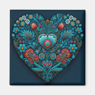 Ukrainian Folk Art - Inspired Heart in Blue Magnet