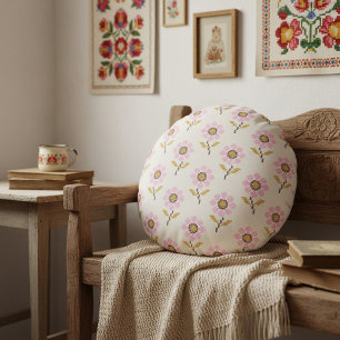 Ukrainian Folk Cross Stitch Embroidery Floral Round Cushion