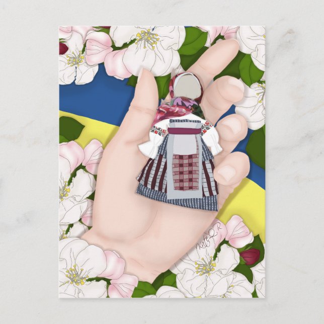 Ukrainian Folk Doll, Motanka and apple blossom. Holiday Postcard (Front)