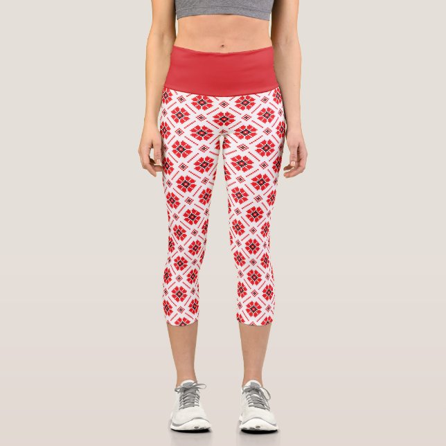 Ukrainian Folk Geometric Pattern Red Black White Capri Leggings (Front)