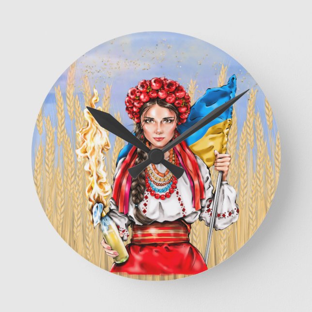 Ukrainian Girl Fighting for Freedom Button Round Clock (Front)