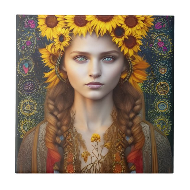 Ukrainian Girl of Amulets & Sunflowers  Ceramic Tile (Front)