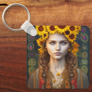 Ukrainian Girl of Amulets & Sunflowers Key Ring