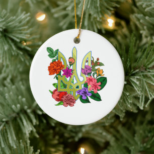 Ukrainian heraldry trident tryzub blooming flowers ceramic ornament
