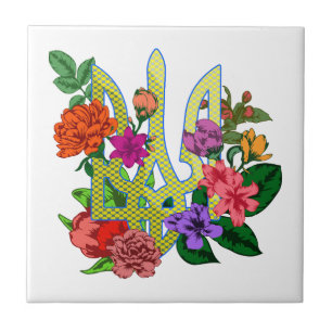 Ukrainian heraldry trident tryzub blooming flowers ceramic tile