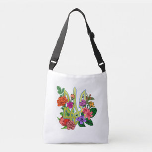 Ukrainian heraldry trident tryzub blooming flowers crossbody bag