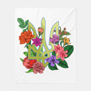 Ukrainian heraldry trident tryzub blooming flowers fleece blanket