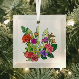 Ukrainian heraldry trident tryzub blooming flowers glass tree decoration