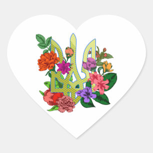 Ukrainian heraldry trident tryzub blooming flowers heart sticker