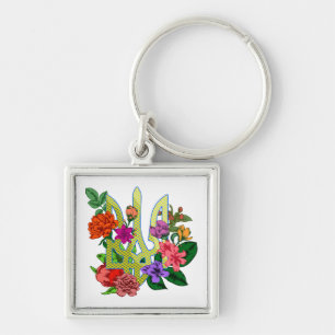 Ukrainian heraldry trident tryzub blooming flowers key ring