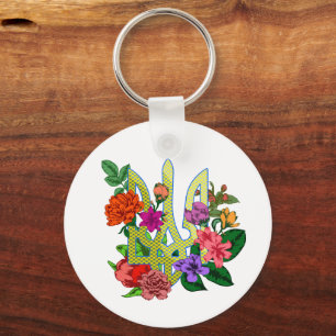 Ukrainian heraldry trident tryzub blooming flowers key ring