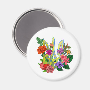 Ukrainian heraldry trident tryzub blooming flowers magnet