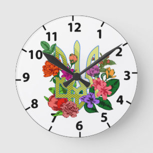 Ukrainian heraldry trident tryzub blooming flowers round clock