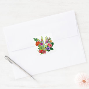 Ukrainian heraldry trident tryzub blooming flowers square sticker