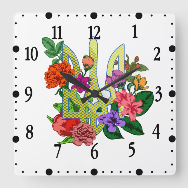 Ukrainian heraldry trident tryzub blooming flowers square wall clock (Front)