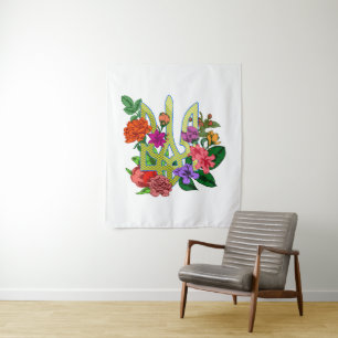 Ukrainian heraldry trident tryzub blooming flowers tapestry
