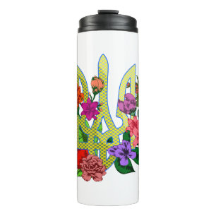 Ukrainian heraldry trident tryzub blooming flowers thermal tumbler