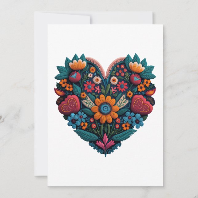 Ukrainian-Inspired Valentine Heart of Flowers Holiday Card (Front)