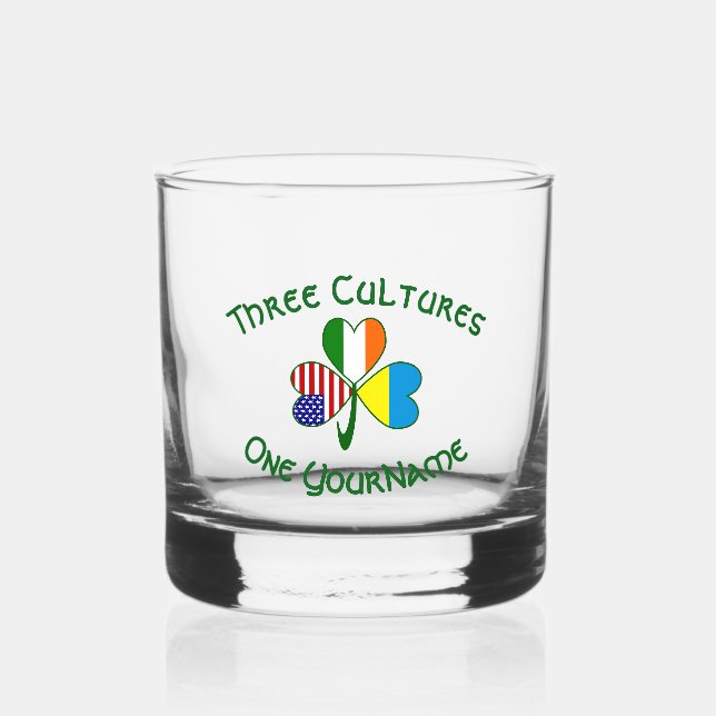 Ukrainian Irish American Flag Shamrock Personalise Whiskey Glass (Front)