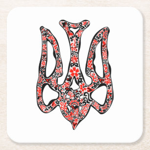 Ukrainian national emblem trident tryzub stylised square paper coaster