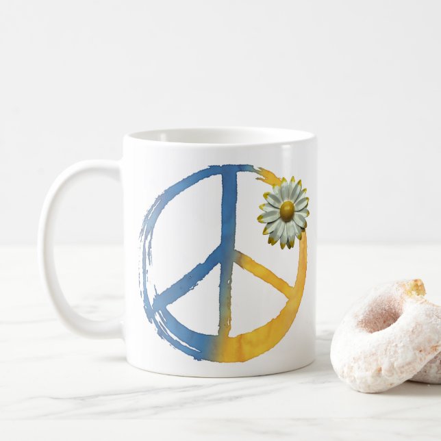 Ukrainian - PEACE Symbol Sign Daisy Ukraine War Coffee Mug (With Donut)