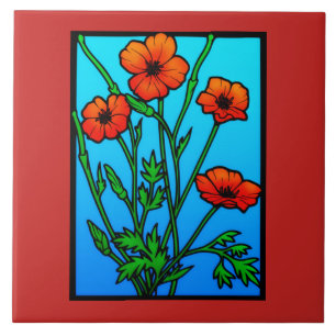 Ukrainian Red Poppies Floral Tile