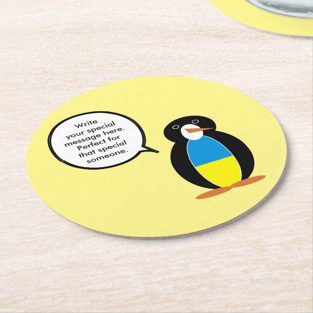 Ukrainian Talking Ms. Penguin Personalised  Round Paper Coaster (Angled)
