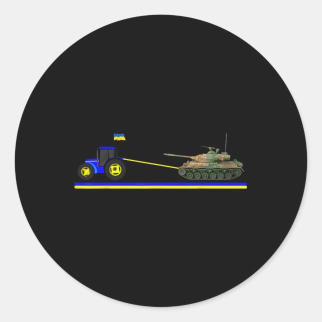 Ukrainian Tractor Pulling Tank With Ukraine Flag  Classic Round Sticker (Front)