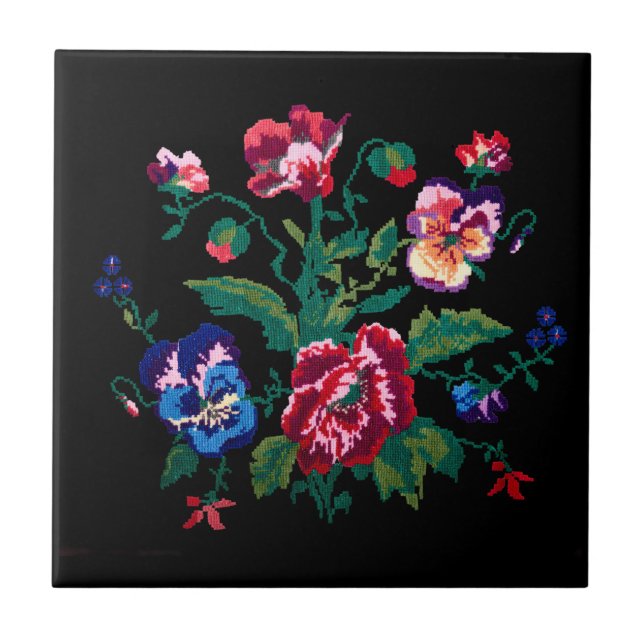 Ukrainian traditional vushuvanka folk art pattern ceramic tile (Front)