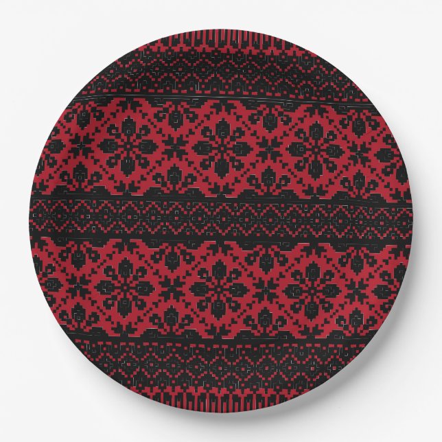 Ukrainian traditional vushuvanka folk art pattern paper plate (Front)