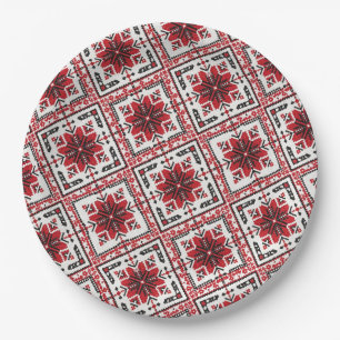 Ukrainian traditional vushuvanka folk art red. paper plate