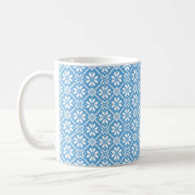 Ukrainian traditional vushuvanka folk pattern blue coffee mug (Left)