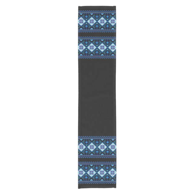 Ukrainian traditional vushuvanka folk pattern blue short table runner (Front)