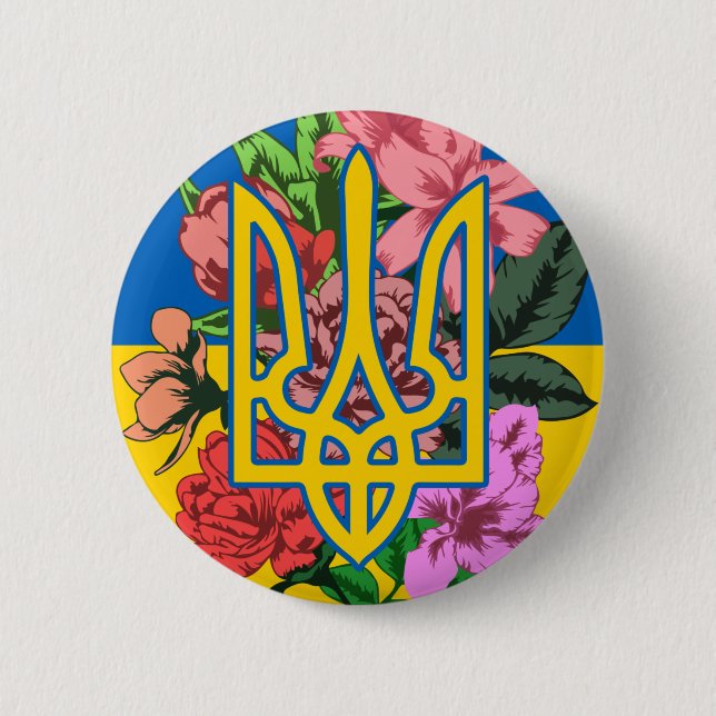 Ukrainian trident and flag of Ukraine with flowers 6 Cm Round Badge (Front)