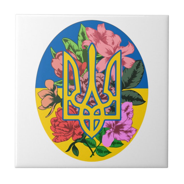Ukrainian trident and flag of Ukraine with flowers Ceramic Tile (Front)
