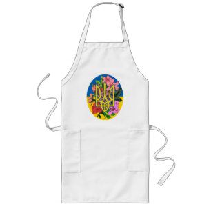 Ukrainian trident and flag of Ukraine with flowers Long Apron