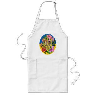 Ukrainian trident and flag of Ukraine with flowers Long Apron