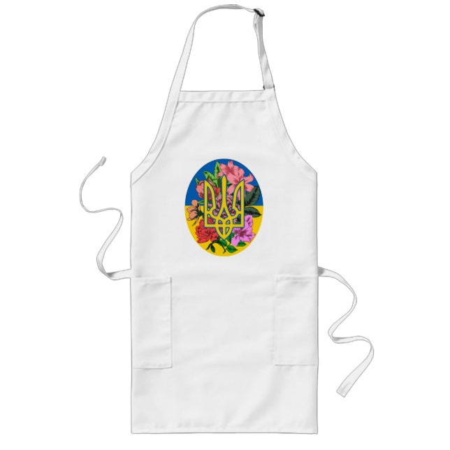 Ukrainian trident and flag of Ukraine with flowers Long Apron (Front)