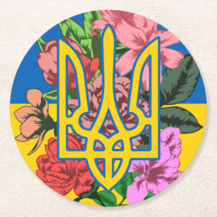 Ukrainian trident and flag of Ukraine with flowers Round Paper Coaster