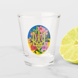 Ukrainian trident and flag of Ukraine with flowers Shot Glass