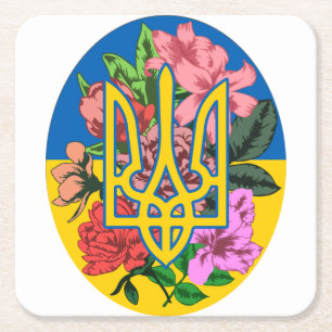 Ukrainian trident and flag of Ukraine with flowers Square Paper Coaster