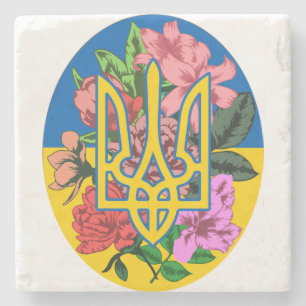 Ukrainian trident and flag of Ukraine with flowers Stone Coaster