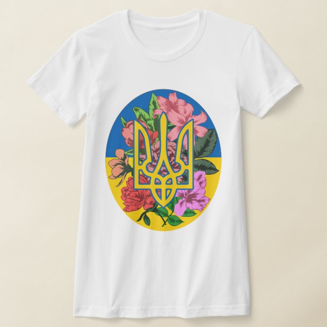 Ukrainian trident and flag of Ukraine with flowers T-Shirt (Laydown)