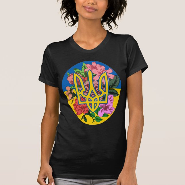 Ukrainian trident and flag of Ukraine with flowers T-Shirt (Front)