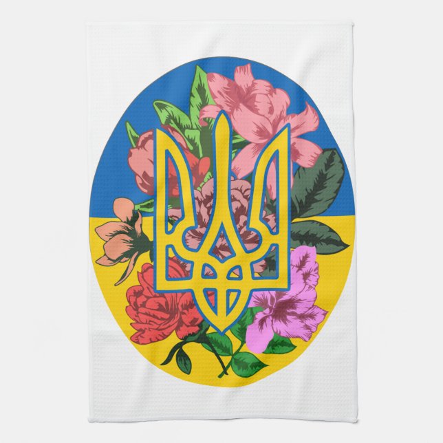 Ukrainian trident and flag of Ukraine with flowers Tea Towel (Vertical)