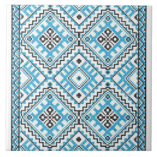 Ukrainian Vyshyvanka Blue Embroidery Ceramic Tile