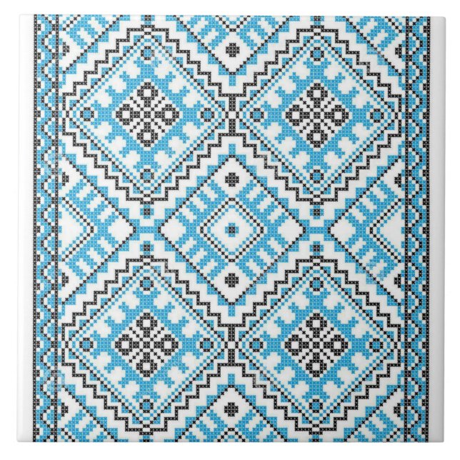 Ukrainian Vyshyvanka Blue Embroidery Ceramic Tile (Front)
