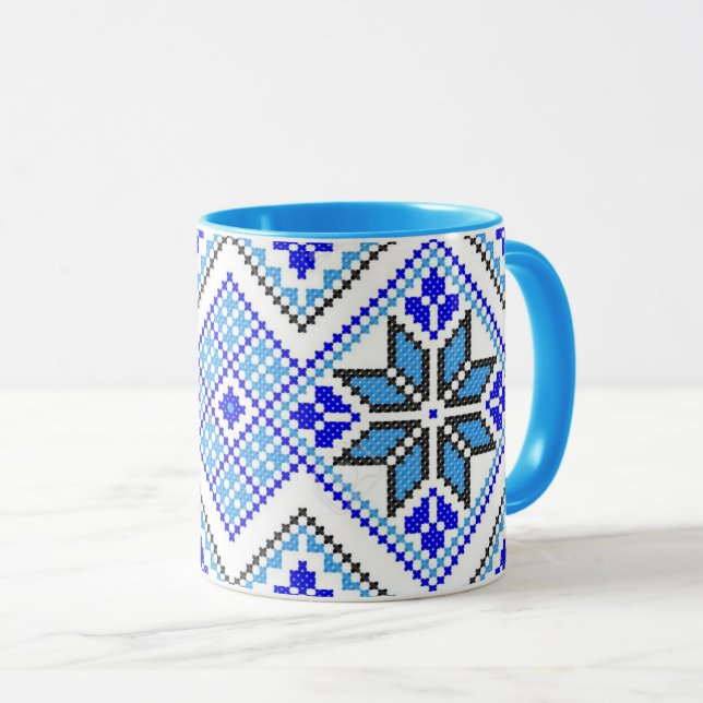 Ukrainian Vyshyvanka Blue Geometric Embroidery Mug (Front Right)