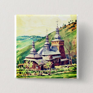 Ukrainian Wooden Church Vintage Architectural Art 15 Cm Square Badge