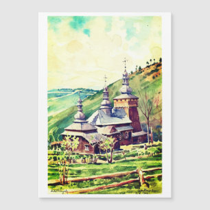 Ukrainian Wooden Church Watercolor 1964